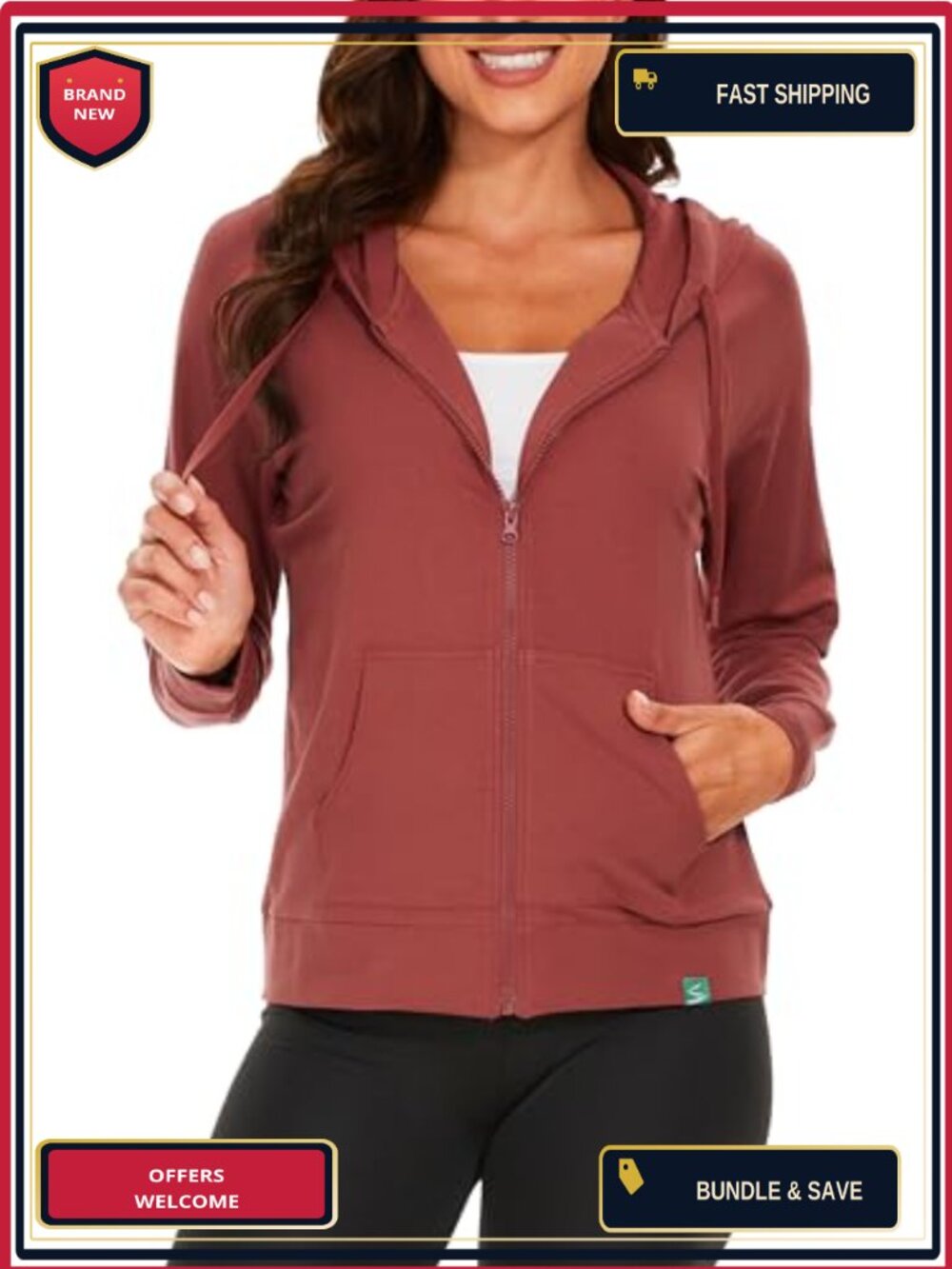 Women's Bamboo Viscose Cotton Full Zip Terry Hoodie Lightweight Long Sleeve